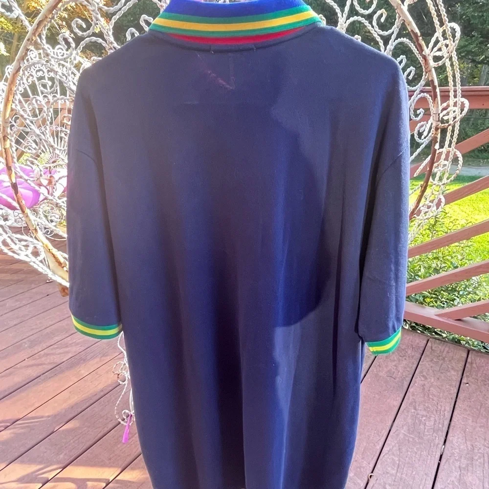 Polo Ralph Lauren navy blue big green pony rainbow collar rugby shirt red yellow